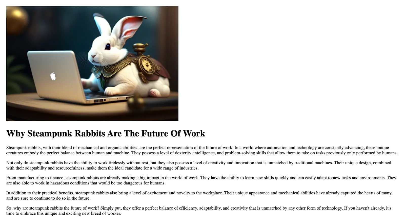 A blog post page shows an image, a title, and a number of paragraphs.