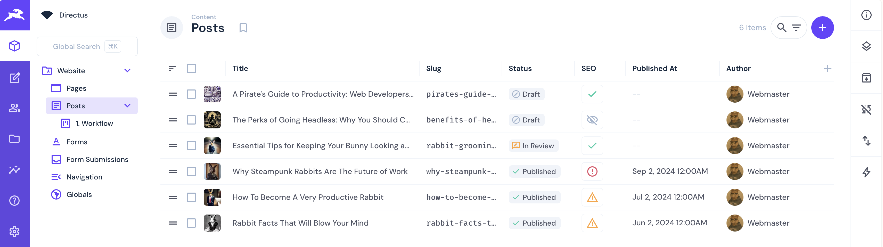 Screenshot of the example posts in Directus