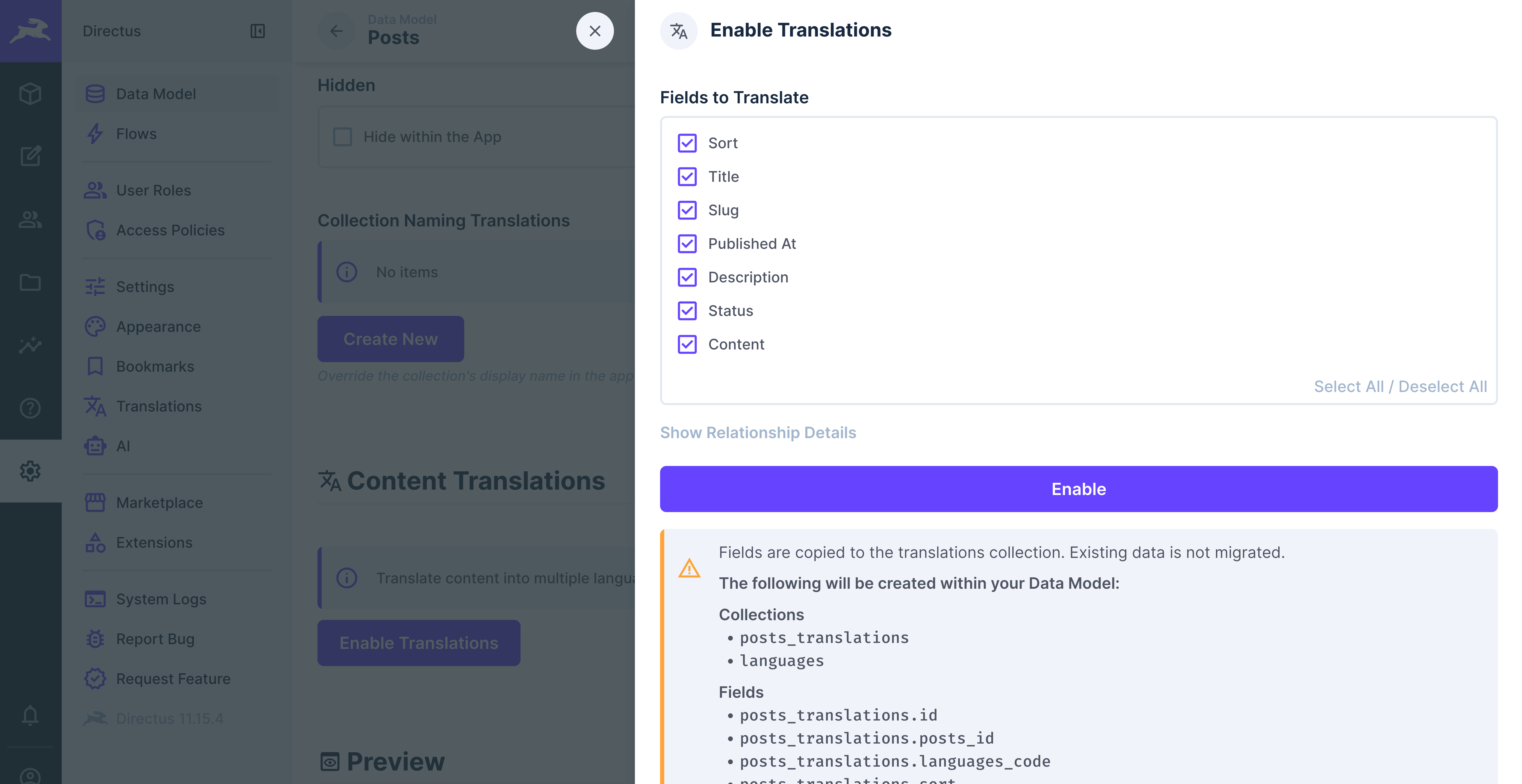 Generate Translations dialog with field picker